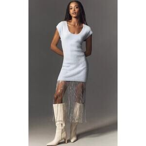 NWT Anthropologie Fringe-Trim Blue Sweater Dress - Medium
